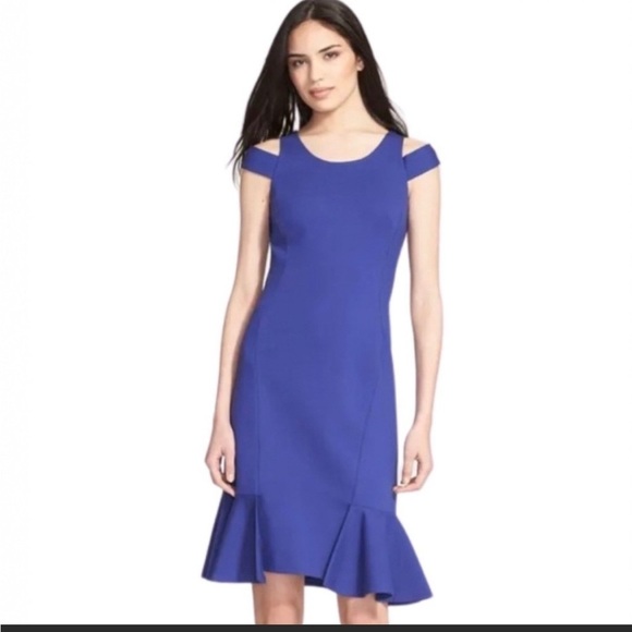 EUC $325 Rebecca Taylor Ponte Knit Off Shoulder Blue Dress Size 2 - Picture 1 of 15